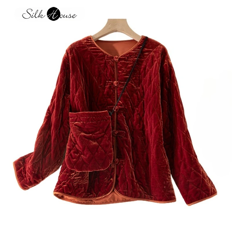 

2025 Women's Winter Christmas Warm Clothing Natural Mulberry Silk Velvet Solid Color Versatile Temperament Cotton Jacket