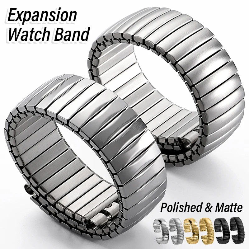Dehnbares Edelstahl-Uhrenarmband 17mm 20mm Elastisches Stretch-Metallarmband Poliert Matt Silber Gold Schwarz Armband