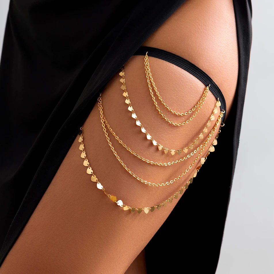 Boho Sexy Elastic Band Bandage Leg Thigh Chain for Women Bikini Summer  Heart Tassel Pendant Multilayer Garter Belt Body Jewelry