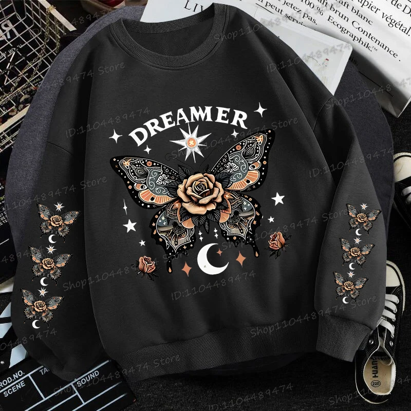 Vintage Butterfly Dreamer Fleece Sweatshirts Vrouwen Grappige Dieren Vlinder Rose Print Grafische Sportkleding Vrouwelijke Koreaanse Sweatshirt