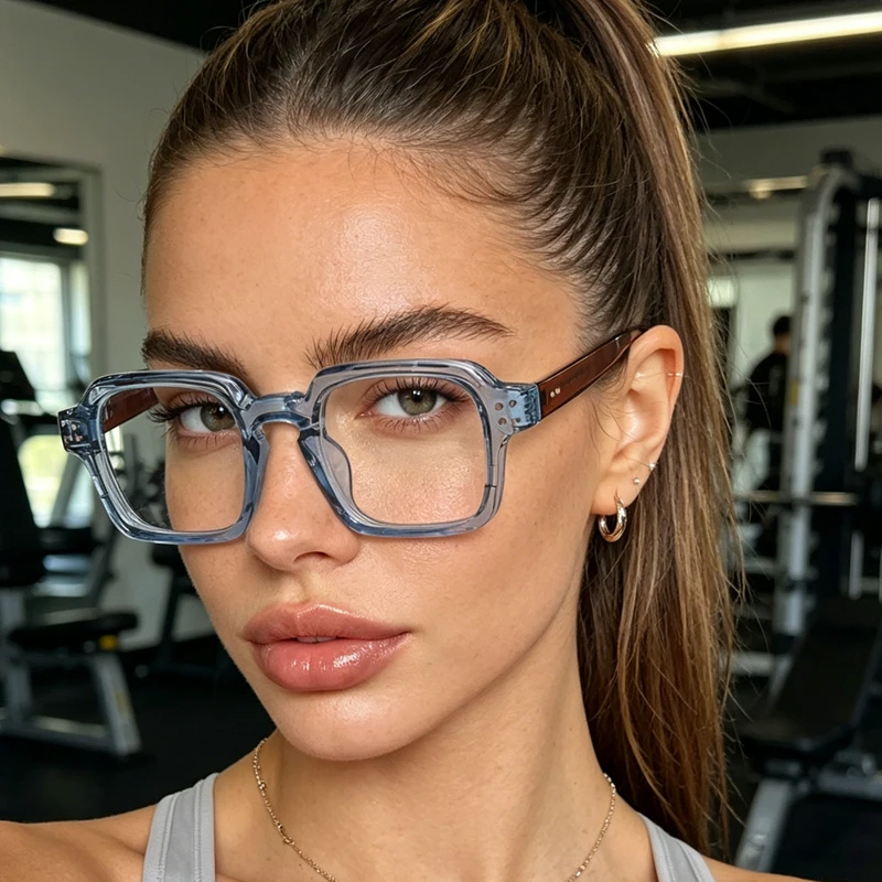 1pc minimalist blue-brown color-matching square glasses, retro aesthetic rivet glasses, suitable for daily wear
