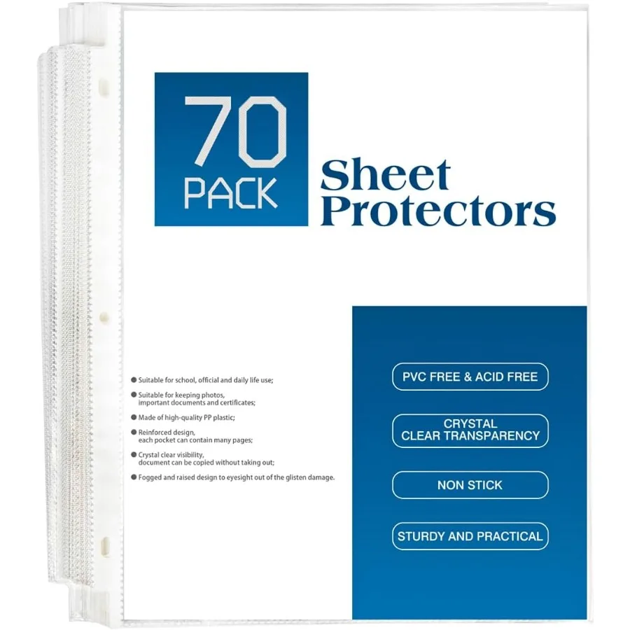 70Pack Sheet Protectors Clear Heavy Duty Plastic Page Protectors for 3 Ring Binder Top Loading Sheet Protectors 8.5 x 11 for Ph