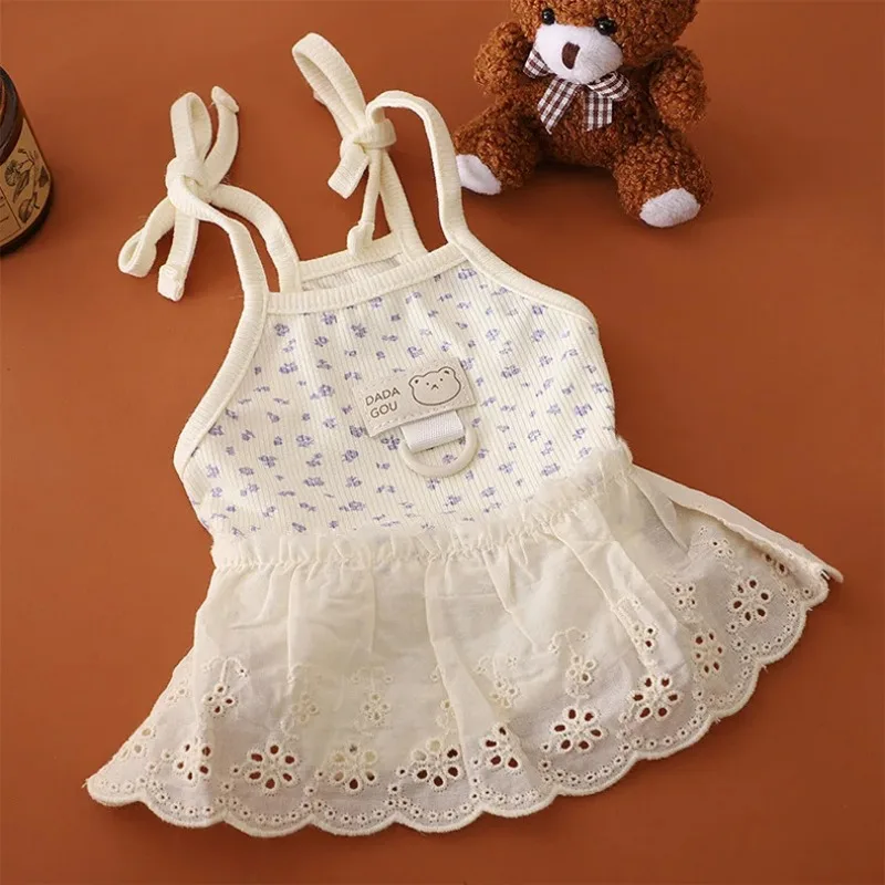 Pet Dog Lace Floral Camisole Dress Pet Clothes Teddy Breathable Summer Puppy Clothing Puppy Can Tow Floral Princess Dress