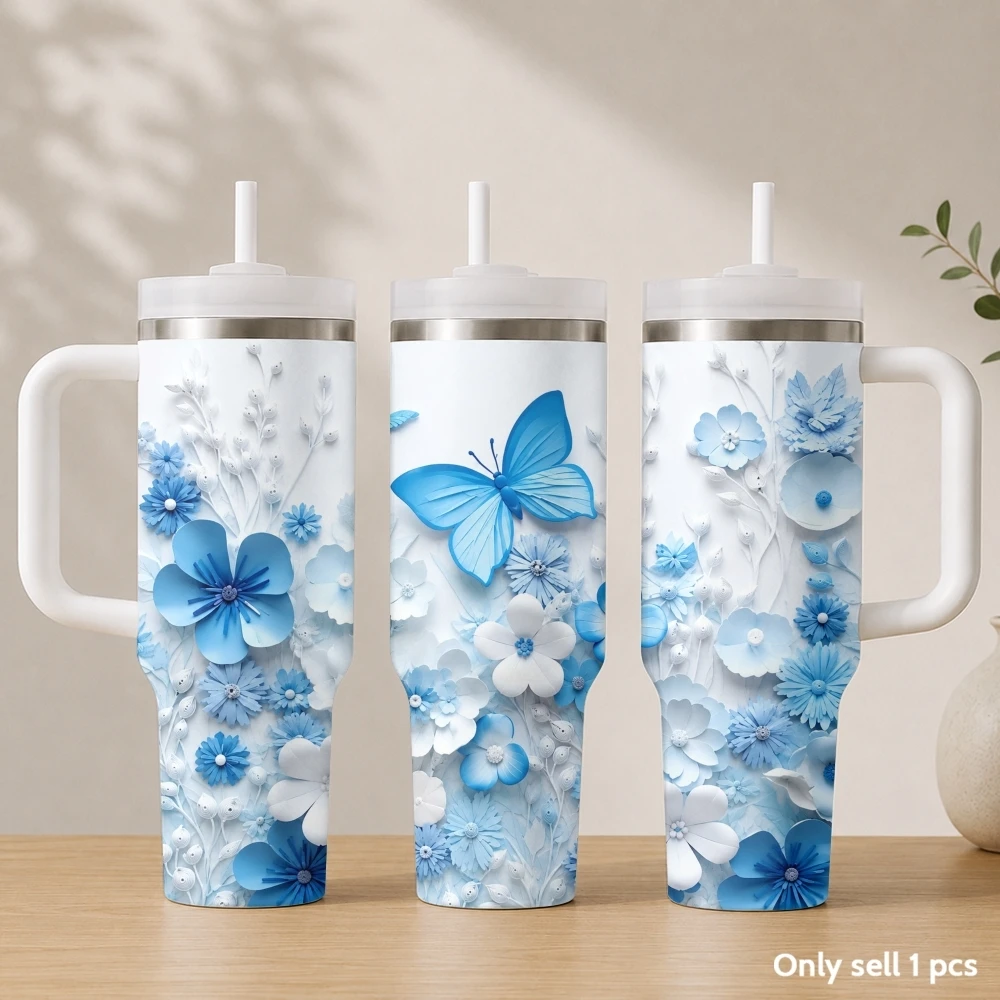 Art White and blue butterfly Vacuum Flasks 40oz Stainless Steel Insulated Tumbler with Handle & Straw Leakproof Travel Mug