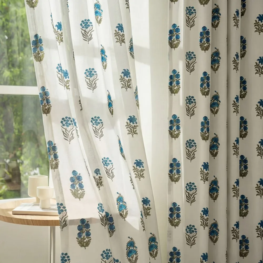 1pc American Floral Print Curtain, Blue Plant Semi-Sheer Rod Pocket, Privacy Enhancing, Fashionable Home Decor Panel, Perforated