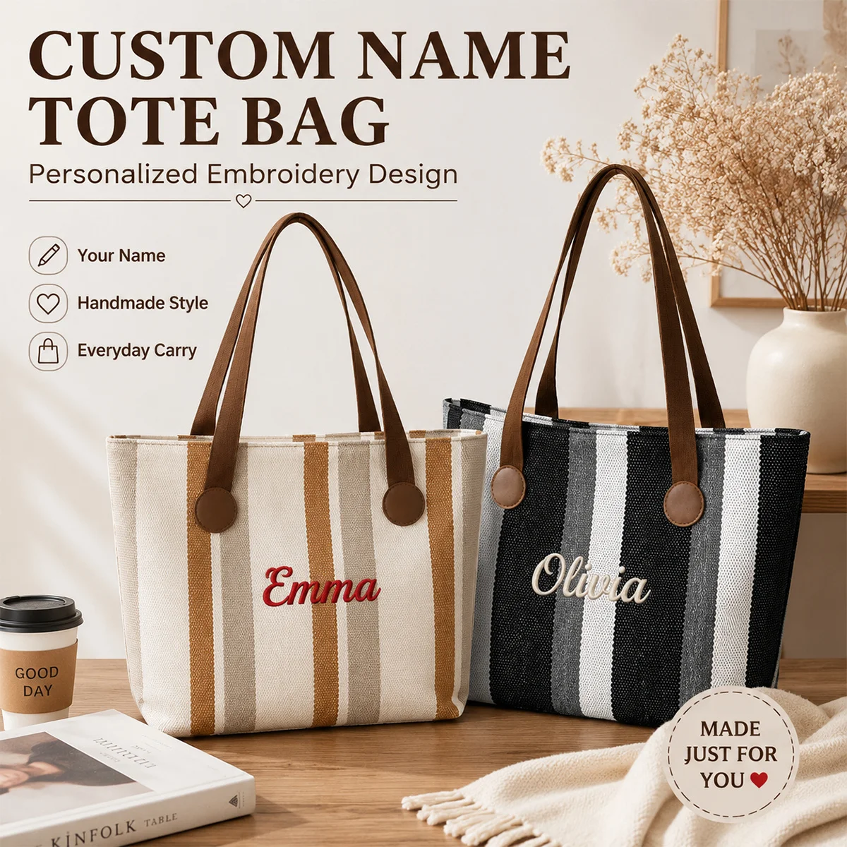Customizable Embroidered Text Blocked Vertical Stripe Tote Bag for Women Fashion and Commuting Messenger Bag Large Capacity Bag