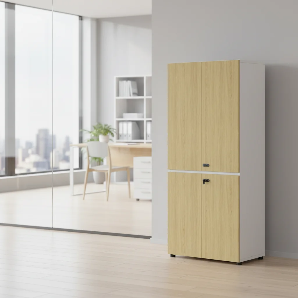 Industrial Wooden Modern Lockable File Cabinet With ABS 4-Shelf Heavy Duty Office Storage Solution