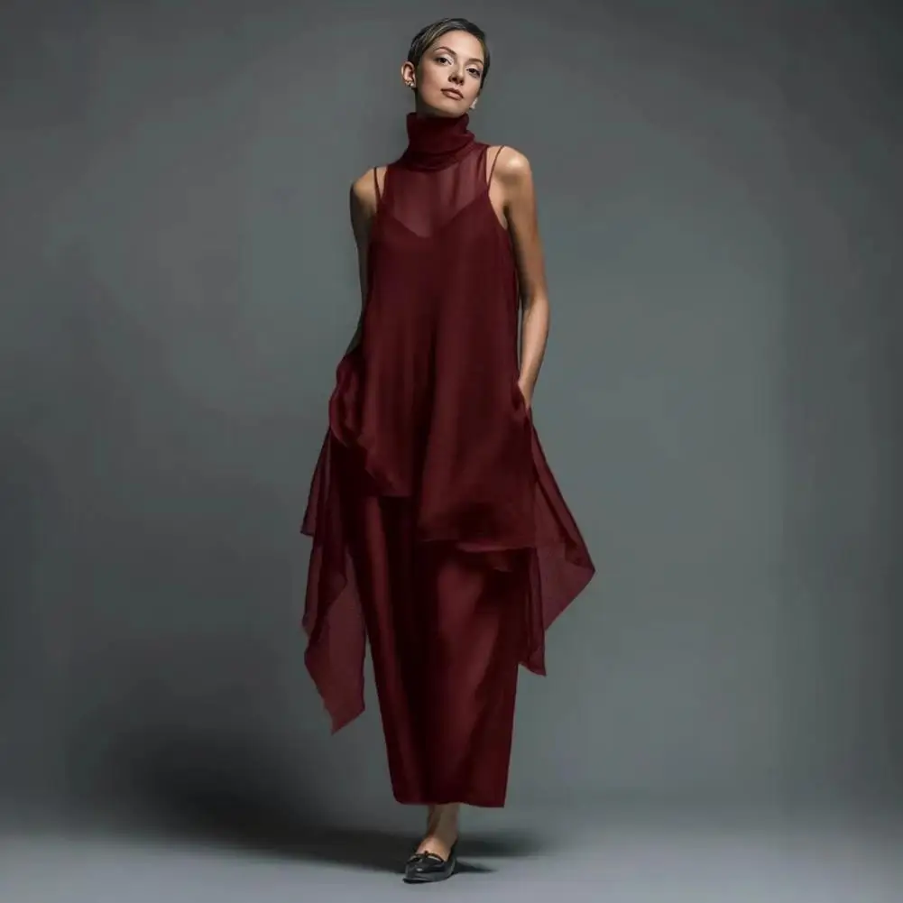 

Soft Fabric Women Dress Retro Style Dress Women's 2 Piece Dress Set Sleeveless Cami Long Chiffon Halter Irregular Hem Top