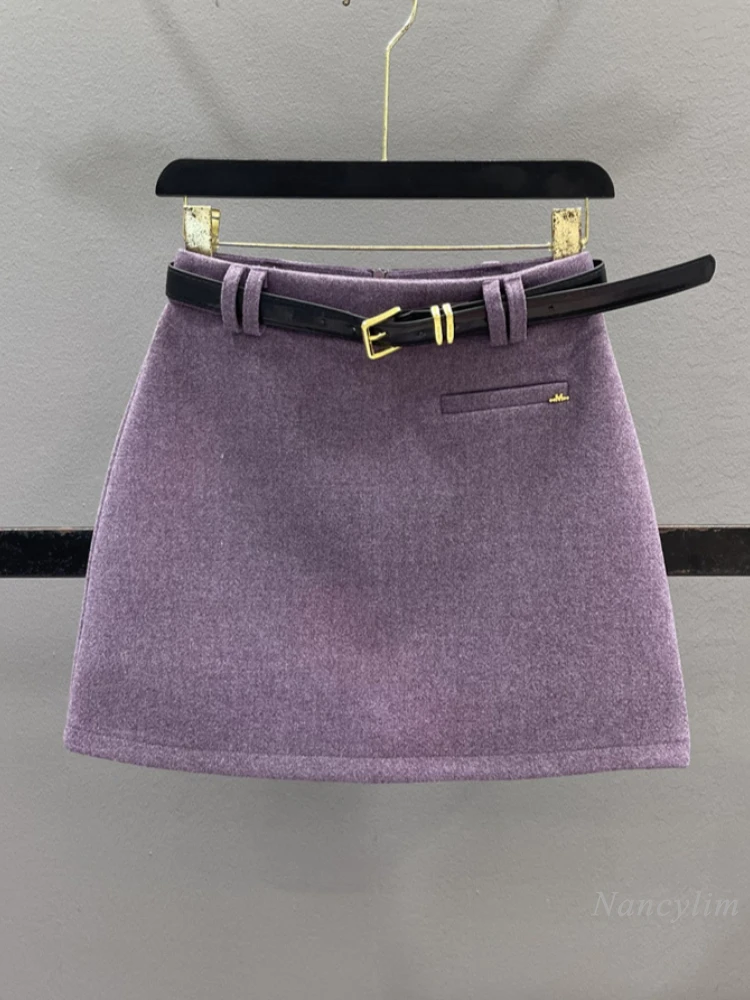 

Purple Woolen Short Skirt Women's 2024 Autumn and Winter New Versatile High-waisted Thin Hip Skirt Anti-light A-shaped Jupe