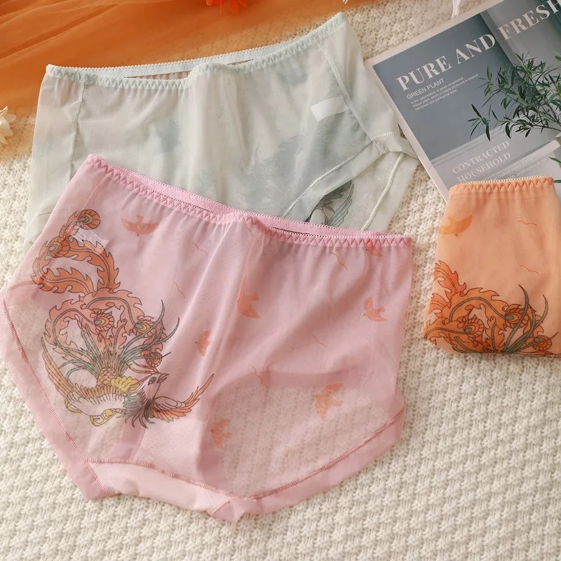 Sheer Mesh Panties Briefs Underpants Soft Stretch Bikini with Phoenix  Birds Print Exotic Allure Women's Underwear Breathable