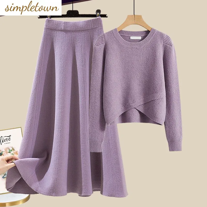 Autumn and Winter Fashion Women's Set New Round Neck Knitted Sweater High Waist Fashionable Aging Half Skirt Two Piece Set