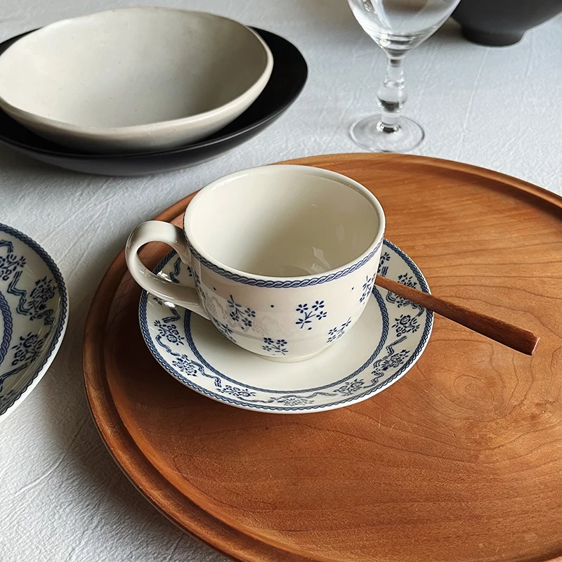 

Vintage Ceramic Coffee Cup and Saucer Set, European Style Tea Cups, Blue and White Tea Mug, Afternoon Tea Water Mugs