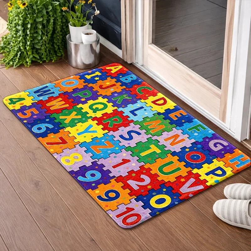1pc 2D Flat Alphabet & Numbers Educational Play Area Rug, Letter Z and 0‑9 Number Print, Soft Washable Decor Floor Mat