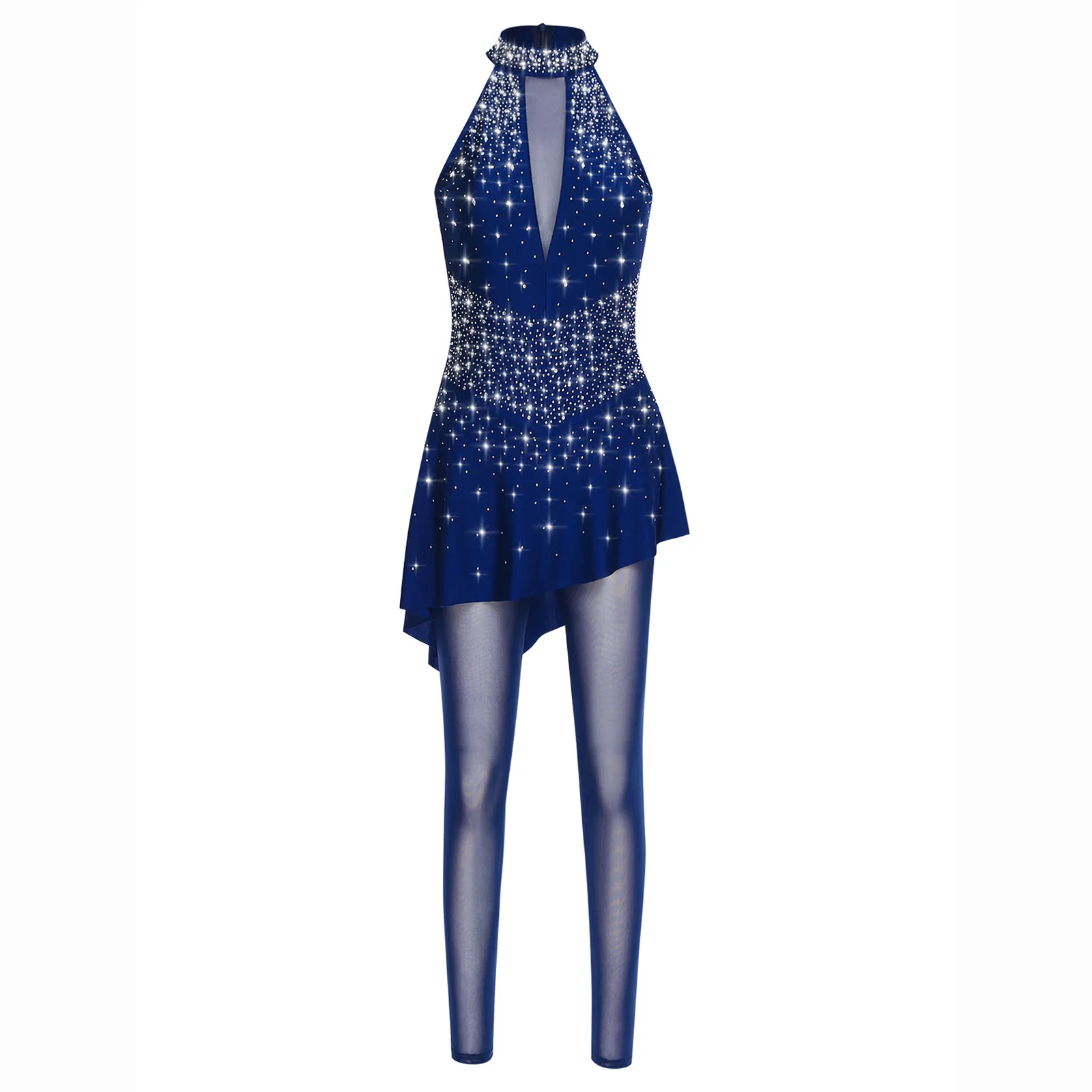 جديد إمرأة بلا أكمام الجمباز الشكل التزلج على الجليد بذلة الباليه غنائية Dancewear الراين شبكة غير النظامية متجنب بذلة