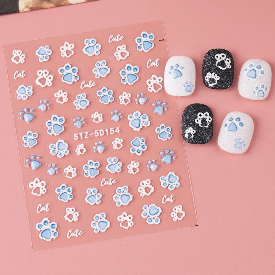 2pcs Cute Blue White Cat Footprints Nail Art Sticker Cartoon DIY Self-Adhesive Decals Sliders Decorations Manicure Accessories 6