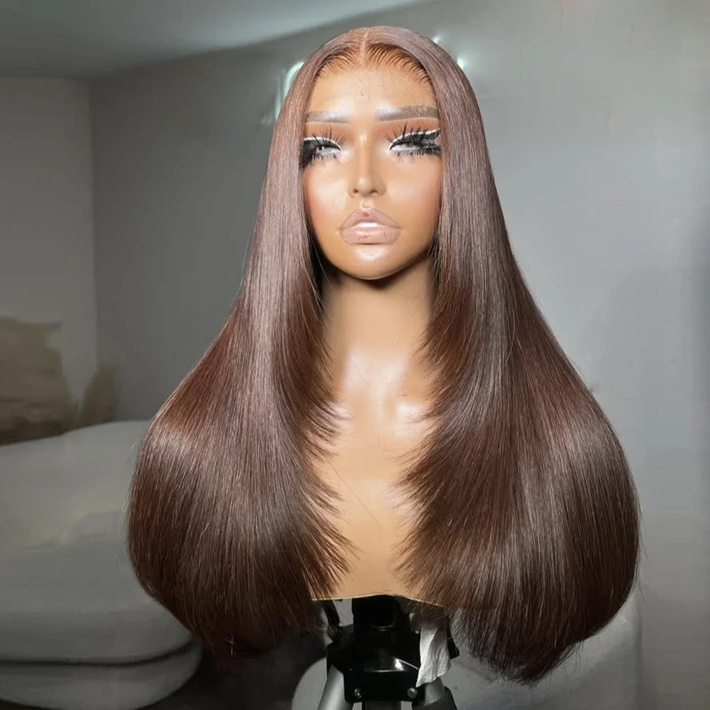 

26-дюймовый парик из натуральных еврейских волос, 5x5, с шелковой основой, без клея, мягкий, коричневый, длинный, прямой, с детским волосяным слоем, HD-кружевом, европейскими волосами, предварительно пророщенными.