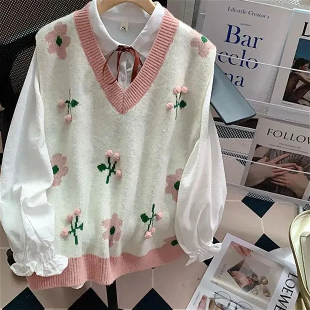 Small  Fresh Color Block Sleeveless Embroidered Flower Knitted Sweater Vest Women'S Folding Wearing Horse Pins Outerwear Autumn