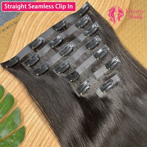 Imagen 1 del producto Extensiones de cabello con Clip de PU Invisible sin costuras 15A, cabello humano liso negro Natural, 100% cabello humano crudo, 100g, 7 unidades/juego