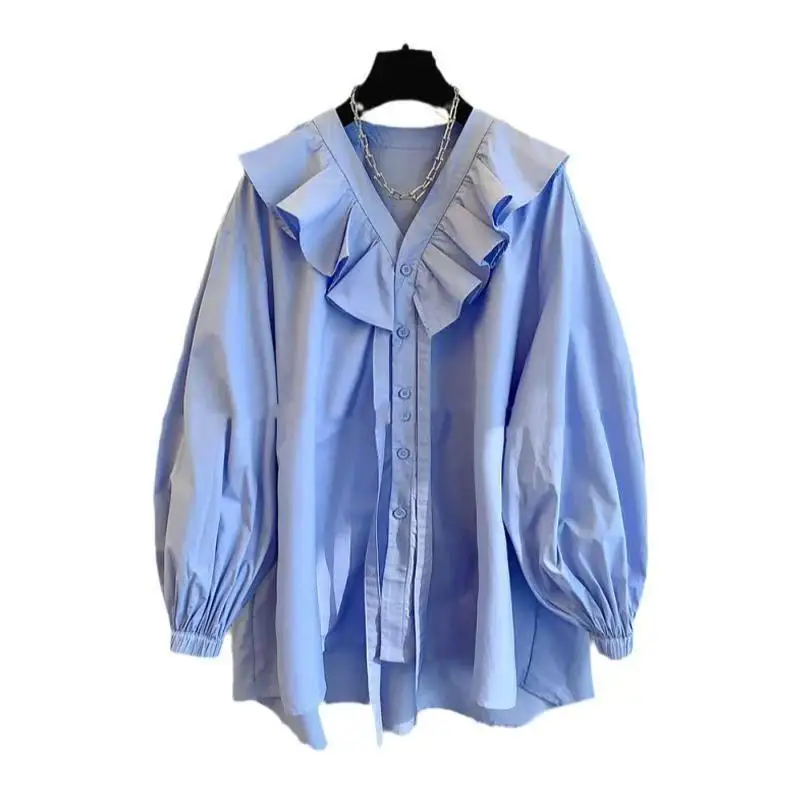 

Синие рубашки с v-образным вырезом и рюшами в стиле пэчворк Roupas Femininas, Blusas Mujer De Moda, повседневная весенне-осенняя блузка, женские топы Camisas
