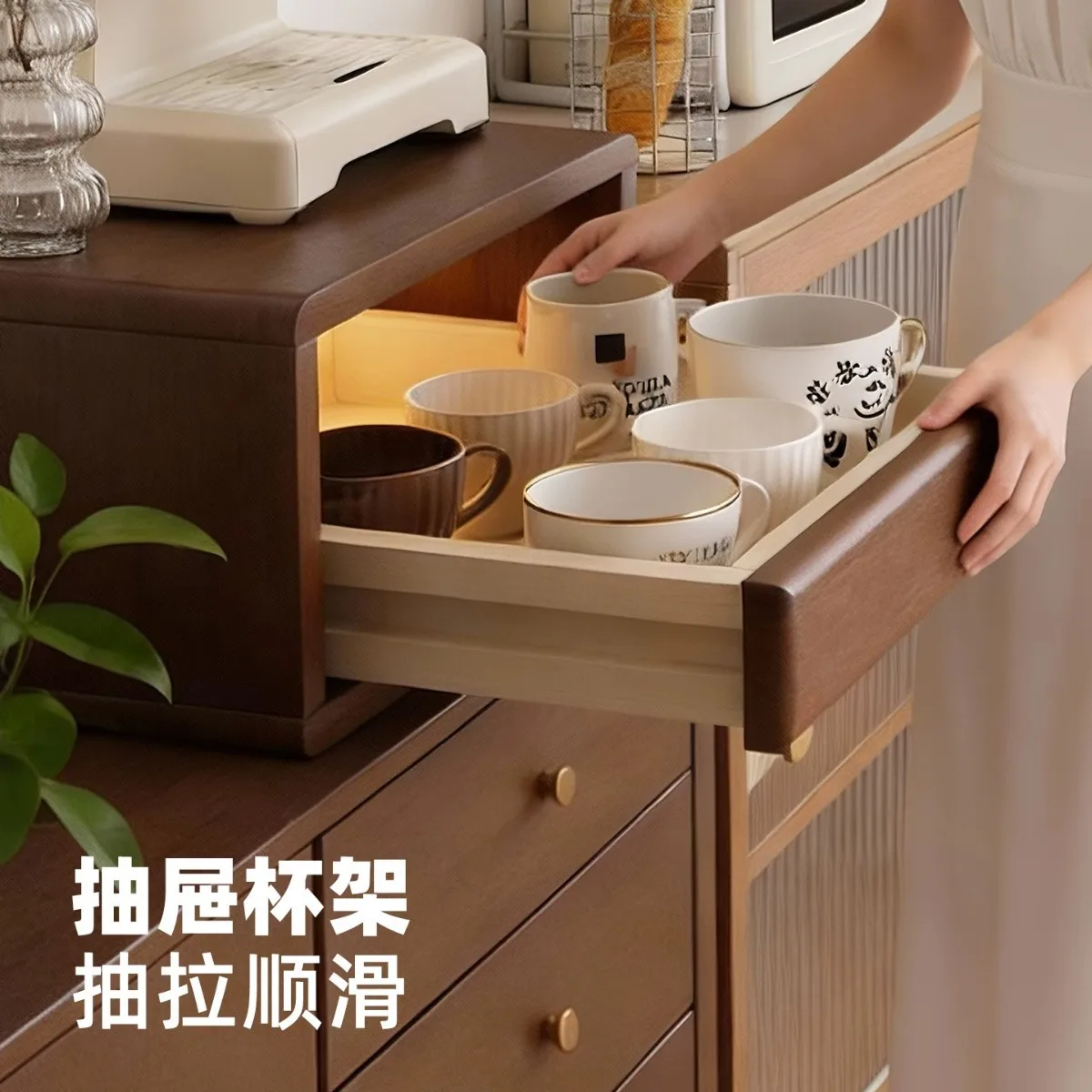 Alibaba solid wood coffee machine rack water cup tea cup tea set dining side cabinet dining table
