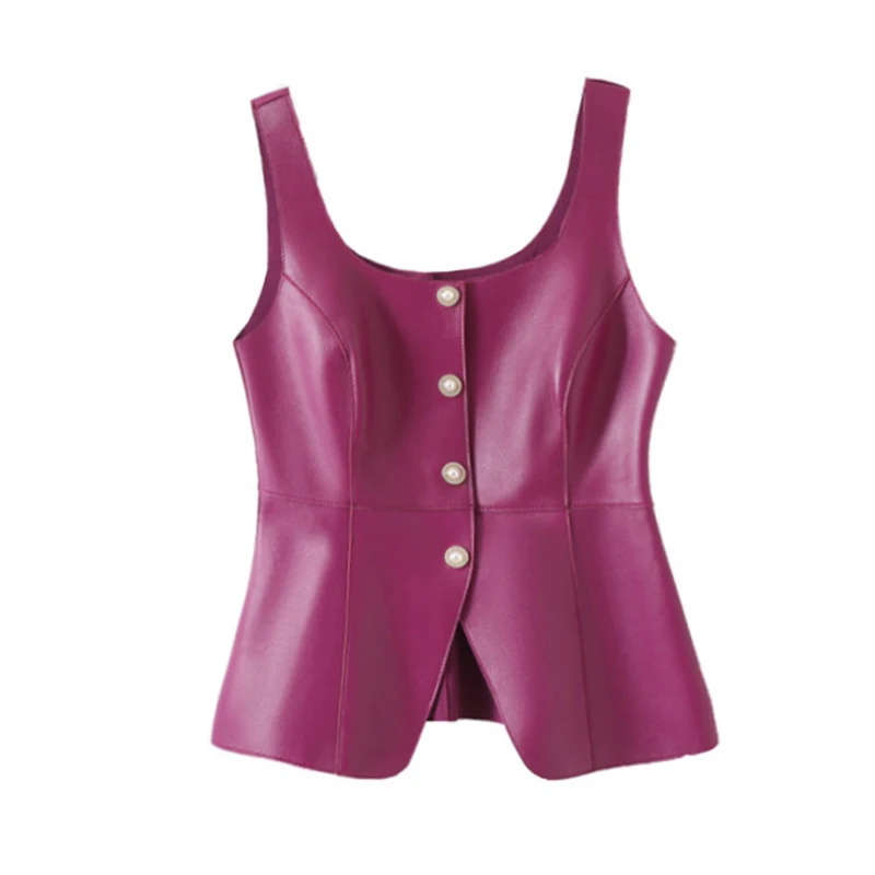 Women‘s 100% Real Leather Vest Chic O-Neck Single-breasted Pearl Button Lady Slim Short Sheepskin Waistcoat Tops Streetwear
