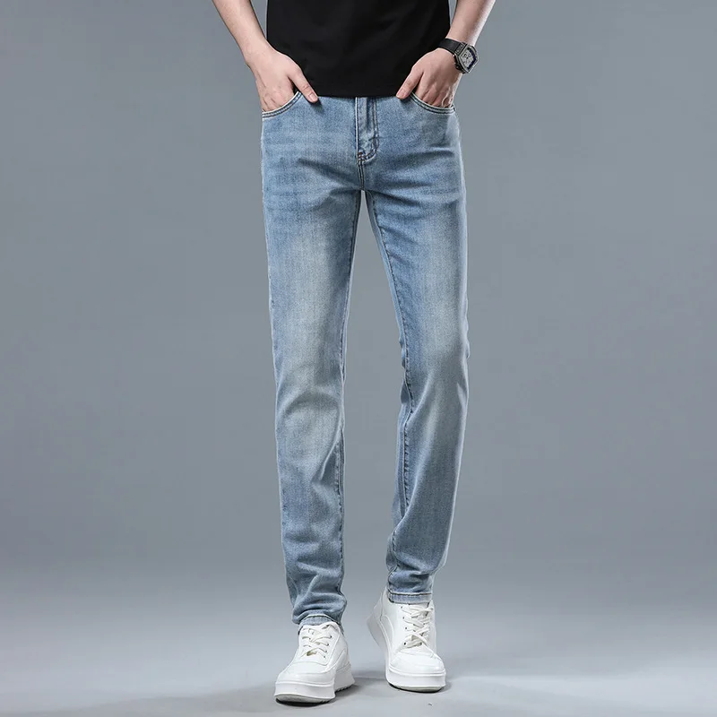 2024new light luxury high-end blue jeans men's simple fashion summer slim casual stretch office pants