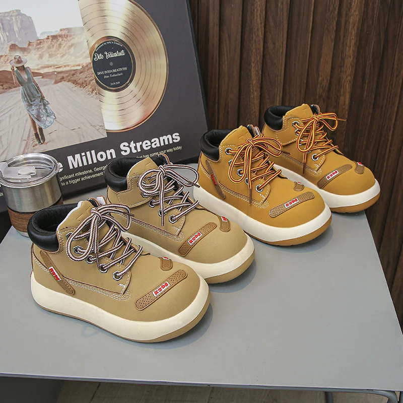 

Children Lightweight Winter Fashionable Boots Girls Autumn Solid Color Ankle Boots Boys Soft Soled Non-slip Front Lace-up Trendy