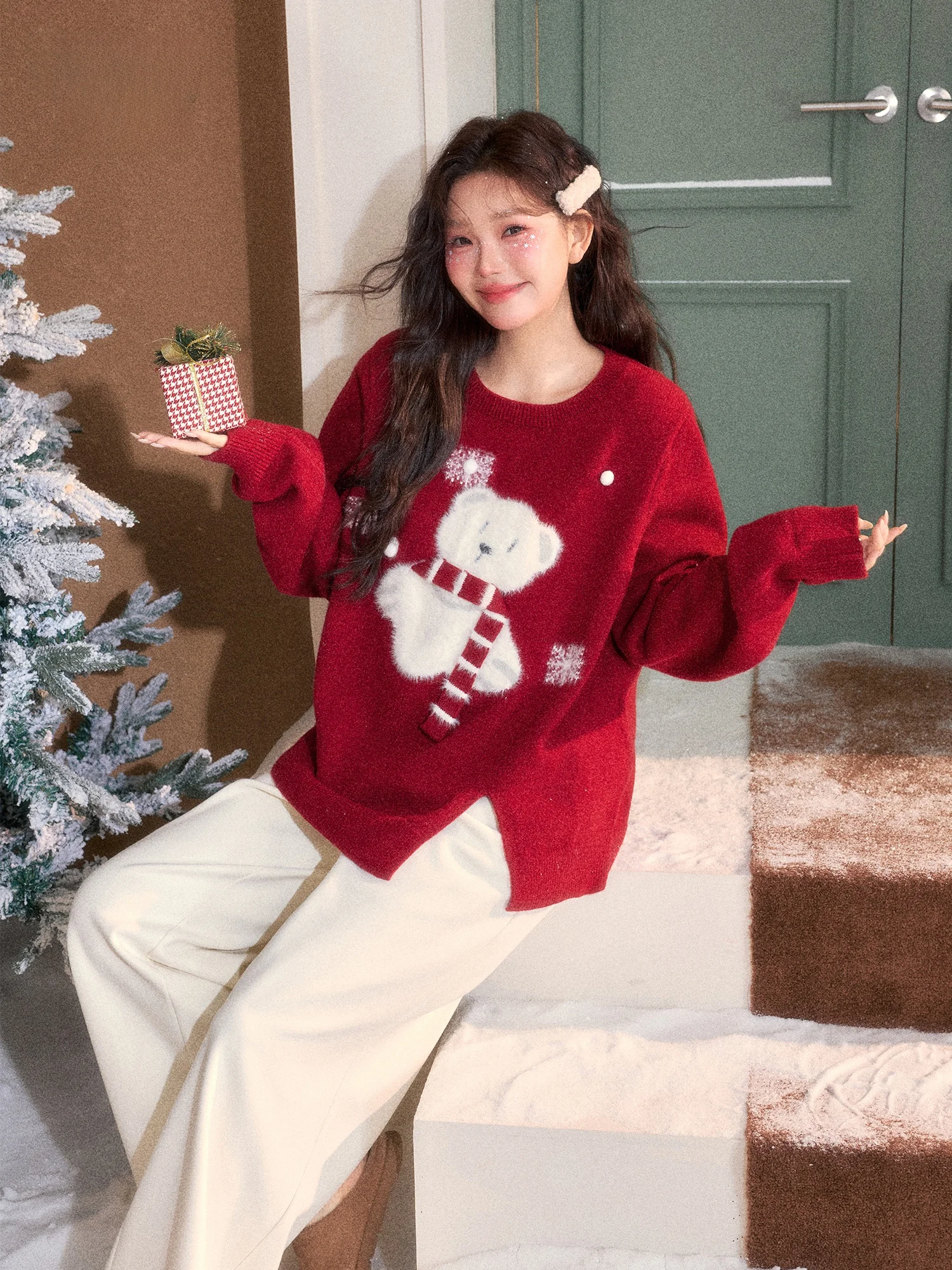Zhang Da plus Size Winter Outfit Korean Sle Bear Sweater High Waist Casual Pants Fat Friendly Sweet Sle New Year Set