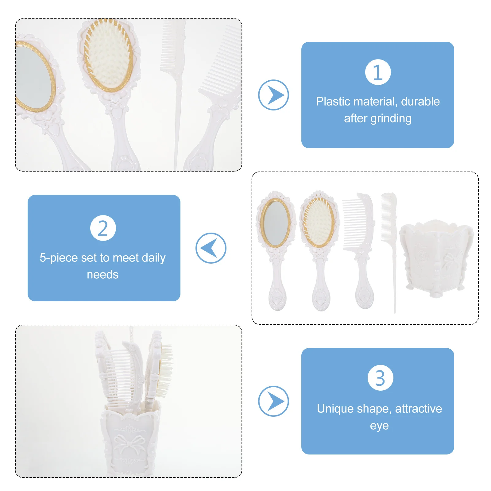 

5Pcs Salon Hair Brush Comb Set Detangling Paddle Holder Storage Ideal for Desktop Vanity Mirror Comb Detangling Hair Brush