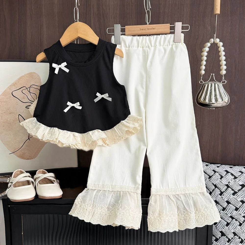 

소녀 세트 Summer Fashion Children's Clothing Set Solid Color Splicing Lace Black Bow Sleeveless T-shirt+White Pants 2Pcs Suit