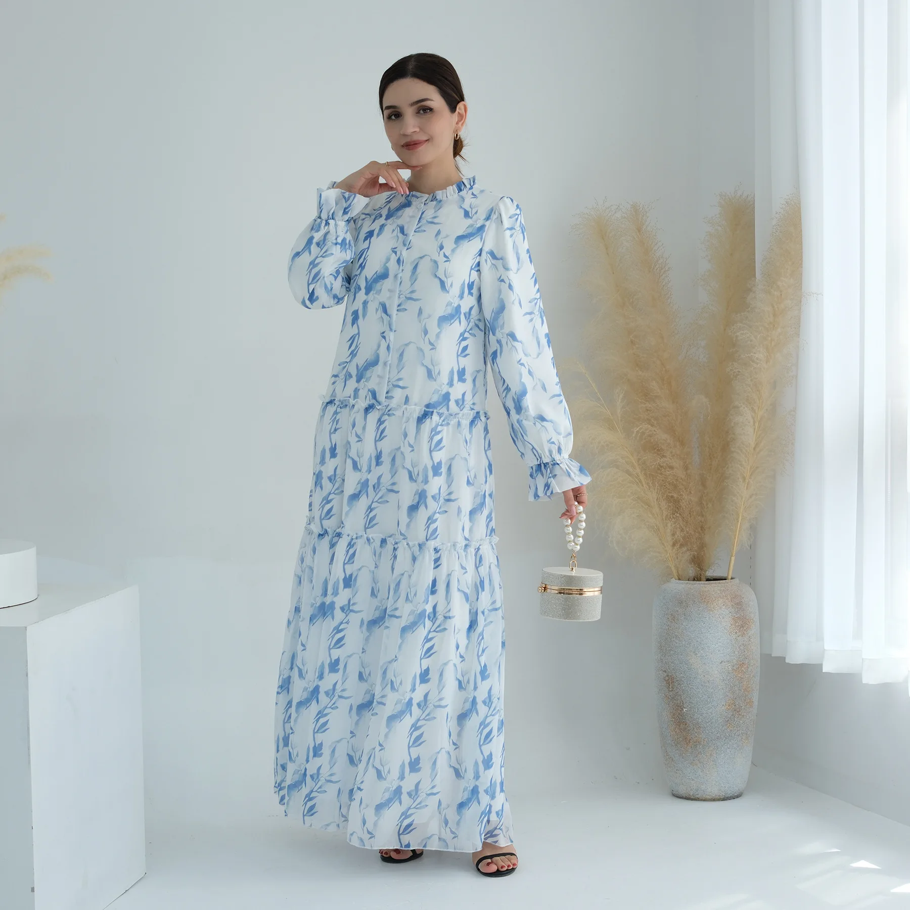 Muslim Women Floral Print Buttons Maxi Dress Belted Jalabiya Saudi Arabic Robe Dubai Kaftan Islamic Clothing Marocain Gown Abaya