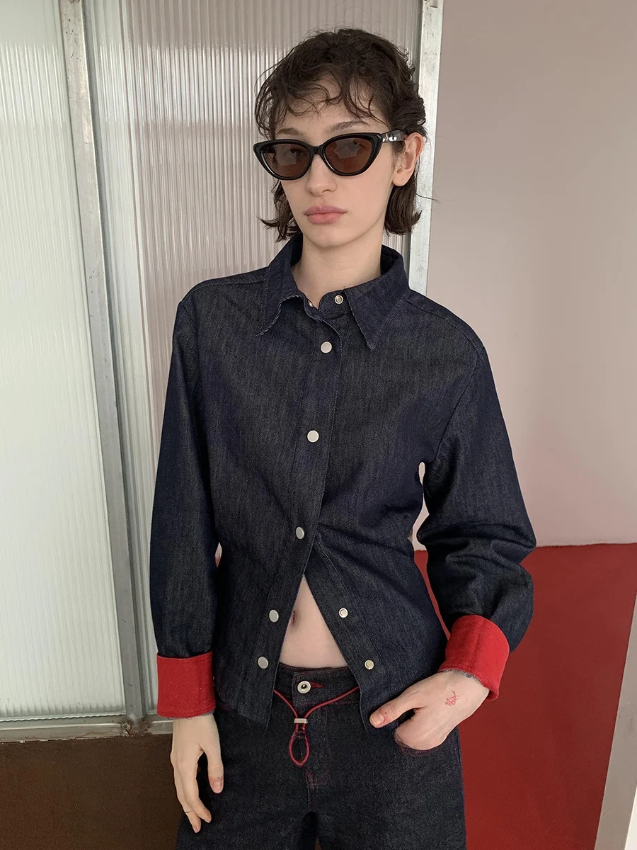 

Blue Denim Long Sve irt Women's Retro Patchwork Design Casual Sle Straight Cut Lengthened Cardigan Autumn New Arrival