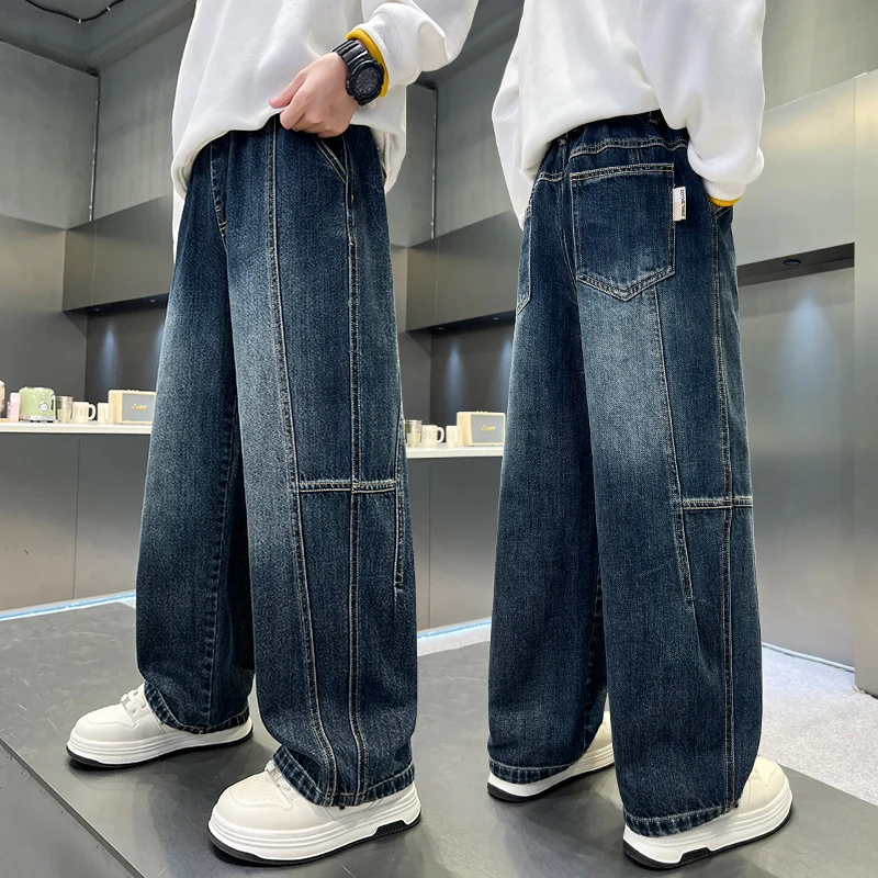 Children Vintage Dark Blue Straight Leg Jeans Pants for Teens Boy Fashion Casual Denim Trousers for School Kids 5 7 9 11 13 14 Y