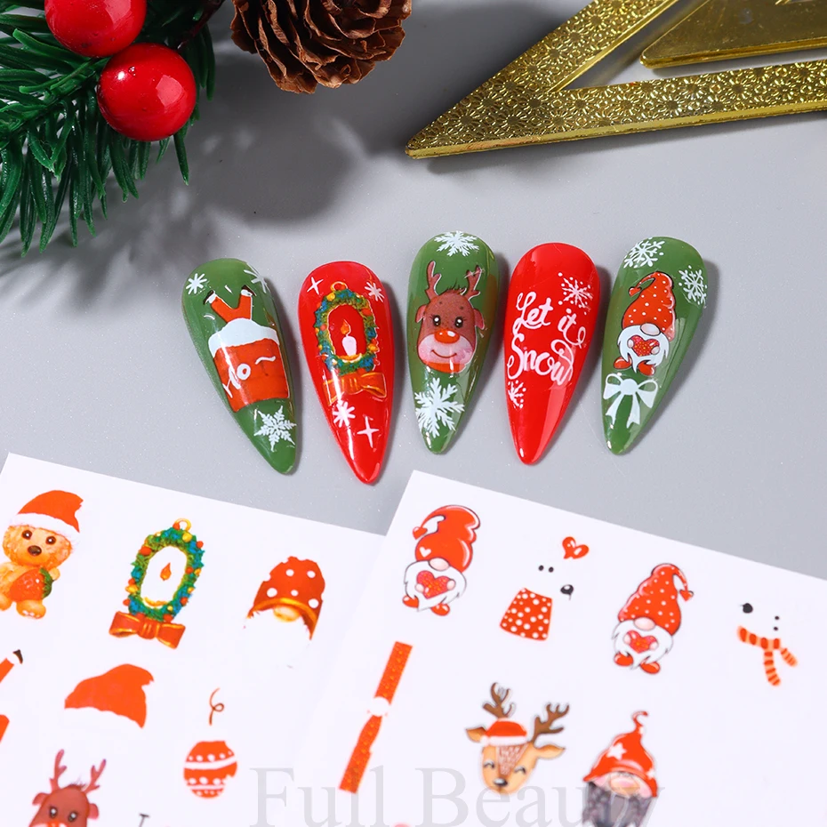 3 hojas de pegatinas navideñas festivas para decoración de uñas, copos de nieve rojos de Papá Noel, calcomanía adhesiva, Reno, muñeco de nieve, manicura, deslizador de vacaciones