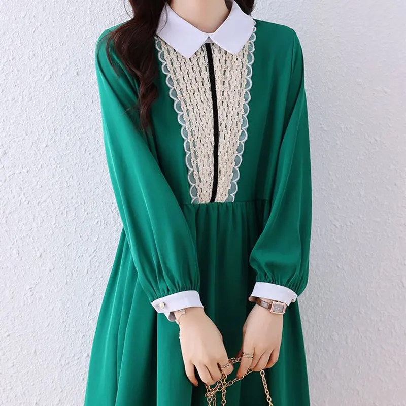 Sweet Peter Pan Collar Dresses Spring Autumn Solid Color Basic A-Line Female Clothing Fashion Lace Spliced Vintage Midi Dress