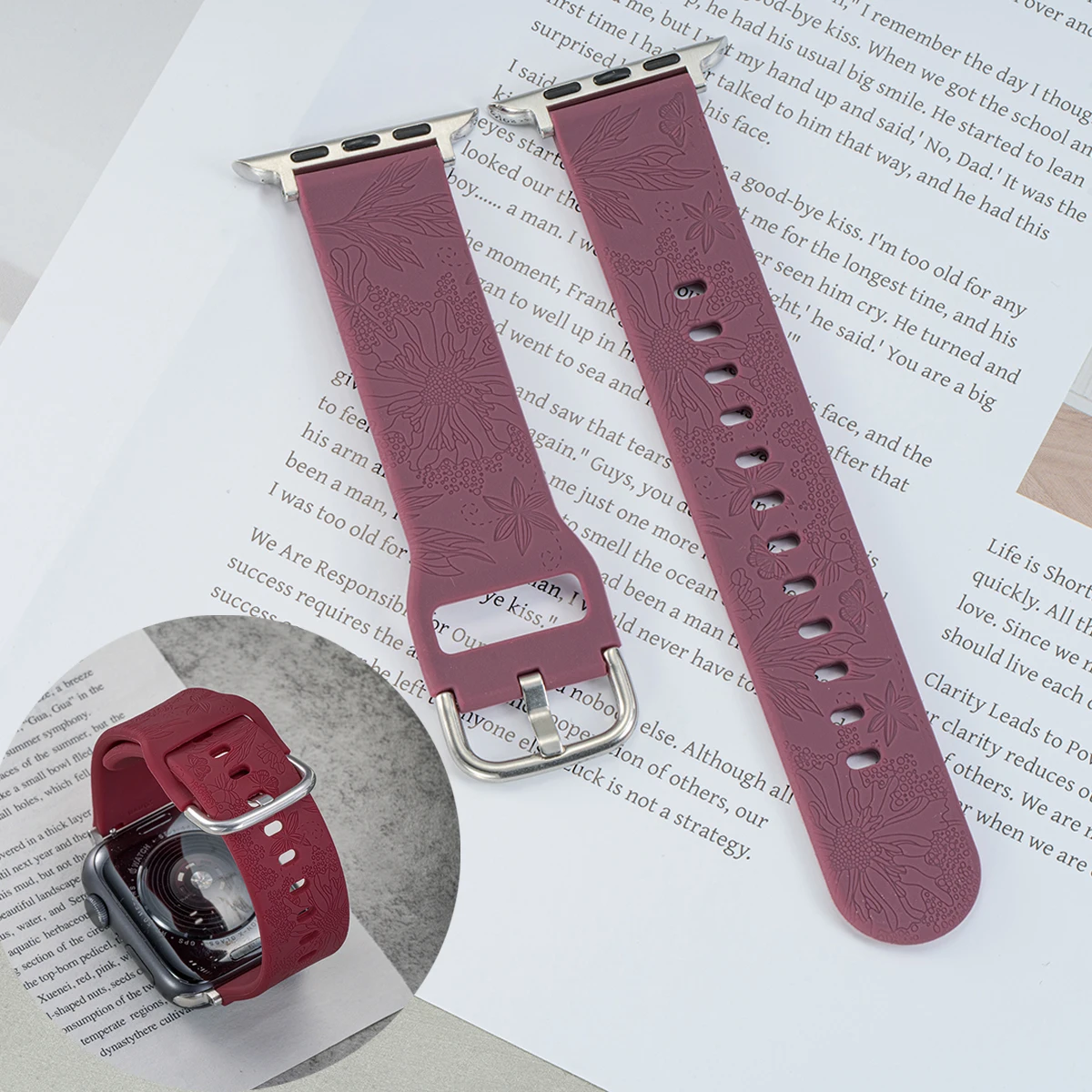 

Ремешок с цветочной гравировкой для Apple Watch Band 40 44 41 49 мм 45 38 42 мм, силиконовый браслет для iwatch series 10 9 7 se 6 8 ultra Belt
