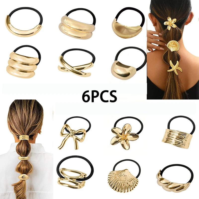 

Набор из 4/6 золотых геометрических резинок для волос из сплава, эластичные резинки для волос, элегантные U-образные держатели для хвоста, модные аксессуары для волос для женщин