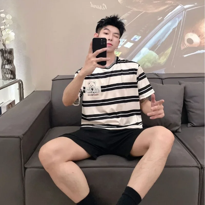 الرجال منامة الصيف قصيرة الأكمام السراويل في سن المراهقة موضة حجم كبير س الرقبة مخطط البلوز ملابس خاصة المتسكعون 2 قطعة مجموعة ملابس النوم