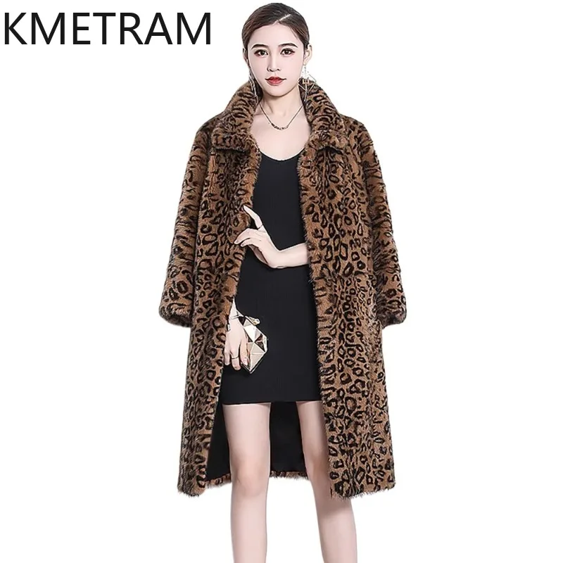 KMETRAM 100% Whole Mink Coat Woman Real Fur Jacket Leopard Print Real Mink Fur Outwear Mid Length Women Winter Coats Streetwear