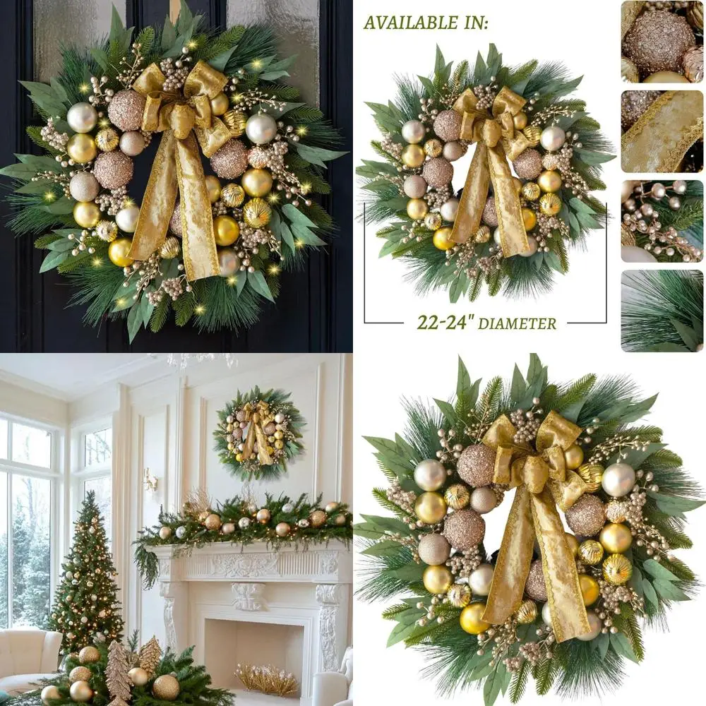 

24-дюймовый праздничный рождественский венок со светодиодной подсветкой, украшенный сосновыми шишками, ягодами и бантиком для наружной или внутренней двери