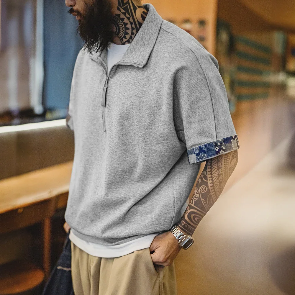 Maden Vintage Half-Zip Boro Style Short Sleeve Polo Shirt Men's Summer Indigo Dyed Printed Loose Collar T-Shirt Casual Gray Tops