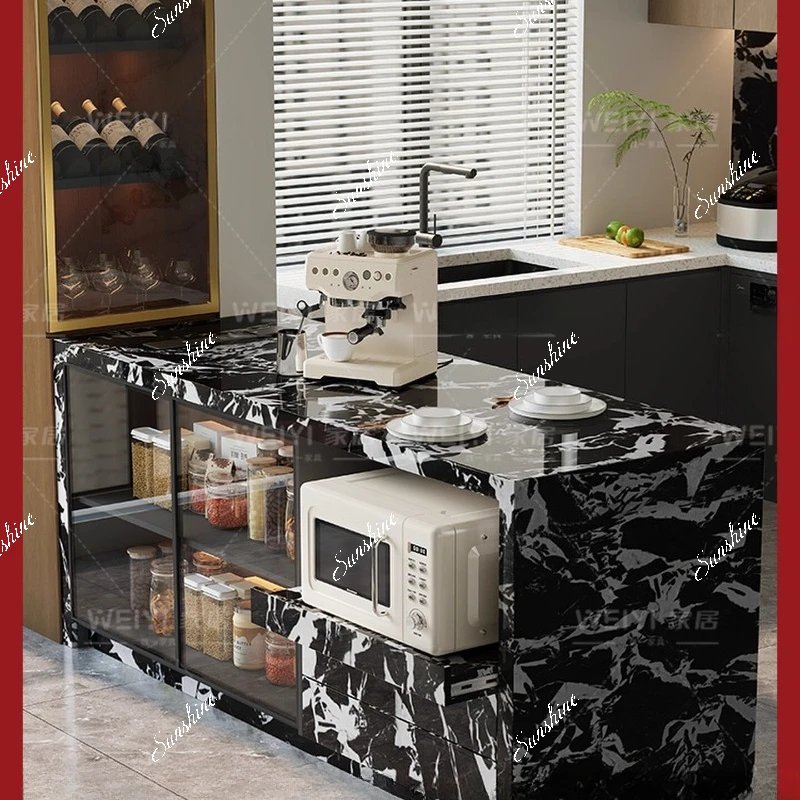 

Rock slab island dining table integrated household open kitchen small apartment