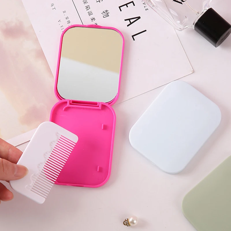 Foldable Travel Makeup Mirror com pente, espelho portátil, pequeno espelho, cor sólida, ferramentas de moda, Girl Gift, novo