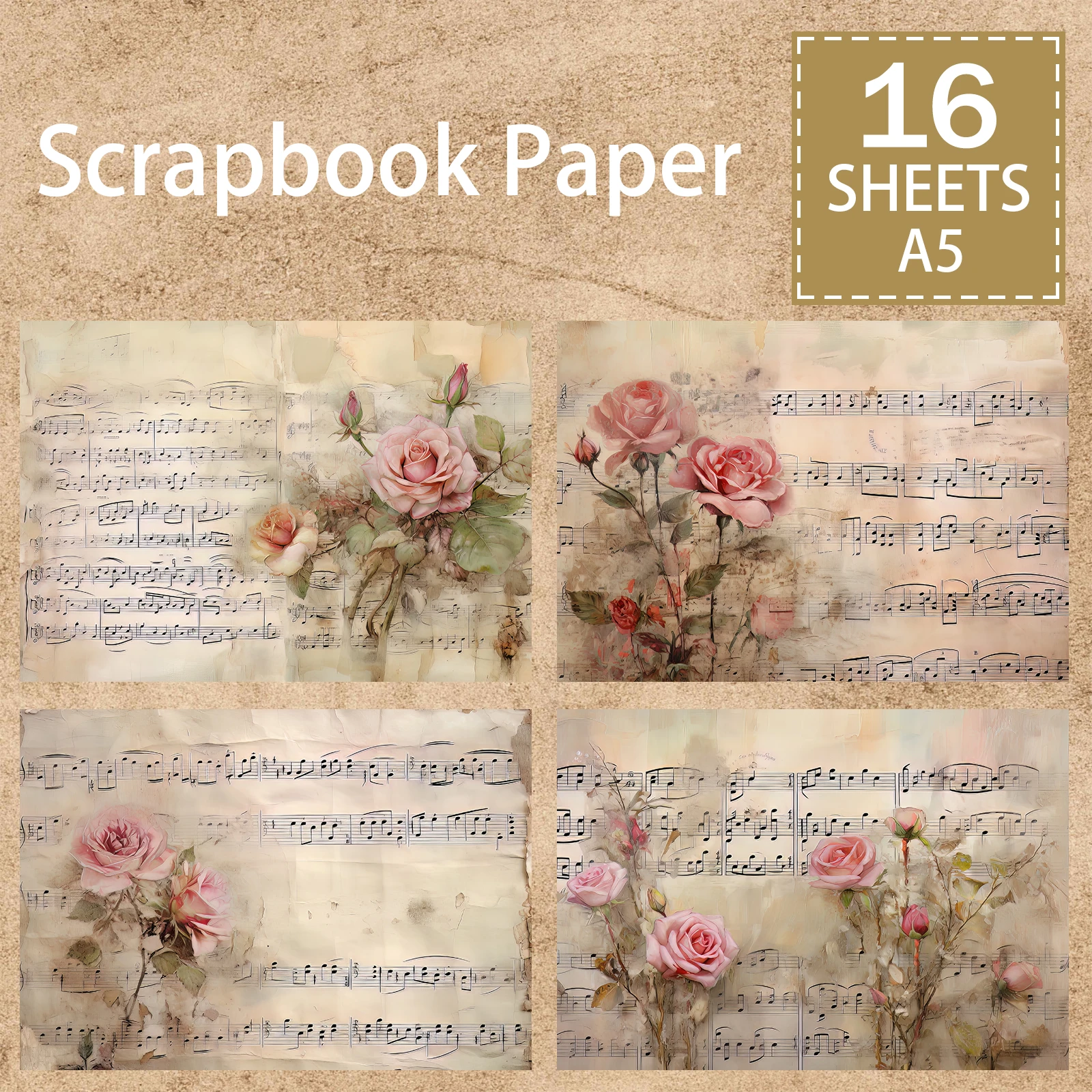 16 Sheets A5 Size Pink Rose Sheet Music For Girls Background Vintage Grunge Journal Planning Scrapbooking