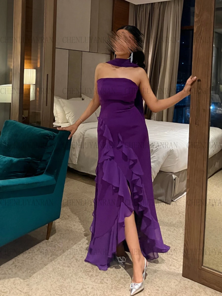 Purple Chiffon Formal Occasion Dresses Strapless Customized Mermaid Party Dress Slit Sexy Long Elegant Evening Gown فساتين حفلات