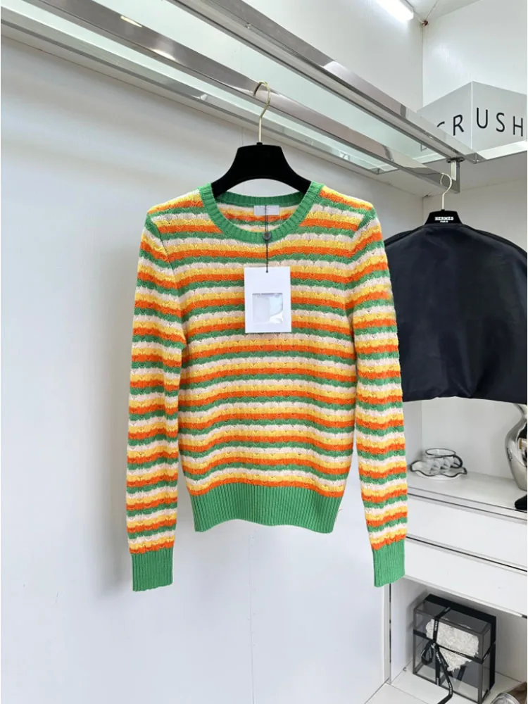 

Women Sweater Long Sleeve Color contrast Stripe Pullover Women Basic tops Causal Soft Knit Sweater Soft Jumper chic Tops