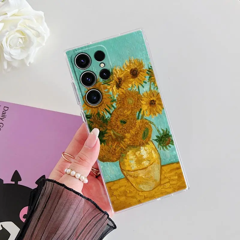 Cat Van Gogh Starry Night Oil Painting Phone Case For Samsung Galaxy S24 S23 Ultra S22 S20 Plus S21 FE Clear Cases Cover Fundas