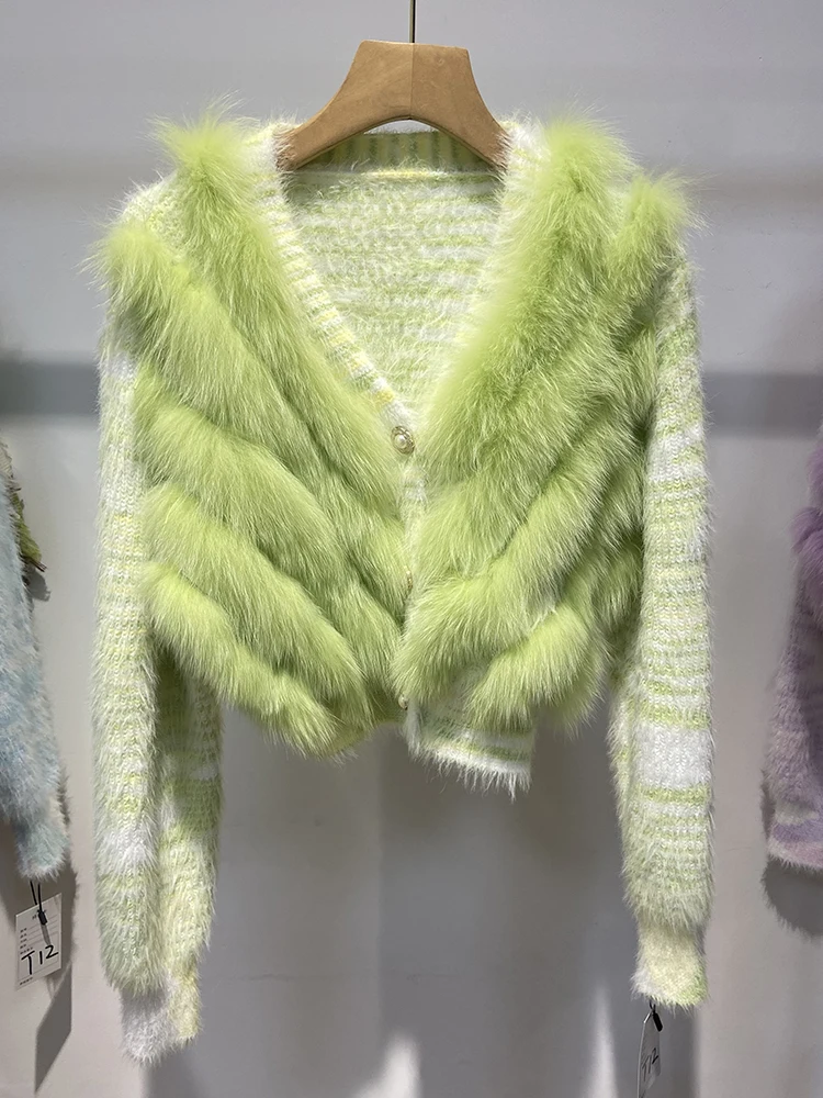 New Arrival Spring Women Blue Green Real Fox Fur Sweater Real Fur Autumn Knitted Jacket Wear