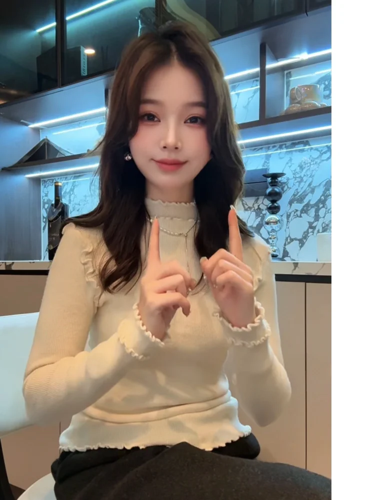 

Charming Knitted Slim Fit Base Shirt Half High Collar with Wood Grain Ruffle Spring Fashionable Soft Jasmine 9136