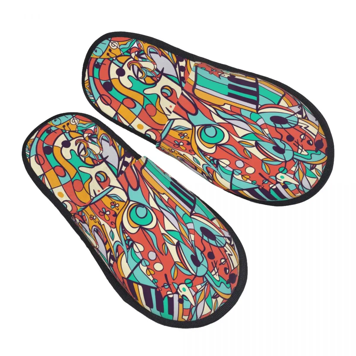 

Зимние женские и мужские нескользящие тапочки на плоской подошве, музыкальные ноты, музыкальные инструменты, домашняя меховая мягкая теплая обувь